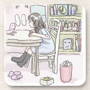 sit down at a desk in a small room coaster