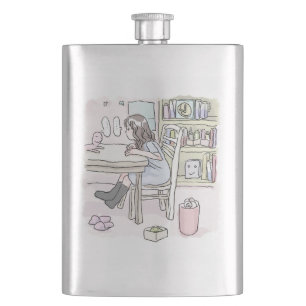 sit down at a desk in a small room hip flask