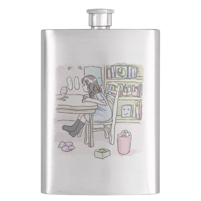 sit down at a desk in a small room hip flask (Front)
