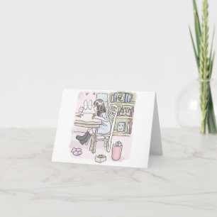 sit down at a desk in a small room note card