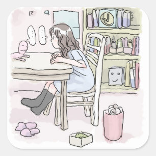 sit down at a desk in a small room square sticker