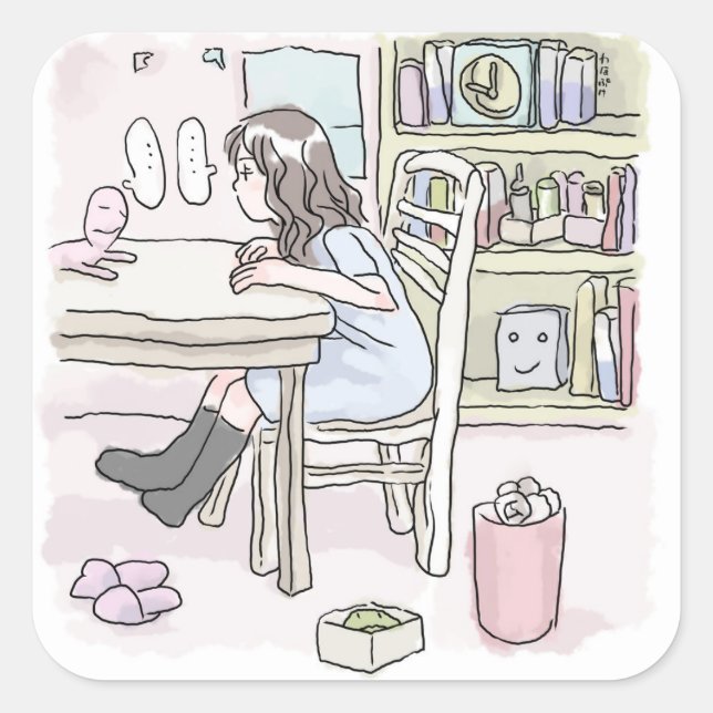 sit down at a desk in a small room square sticker (Front)