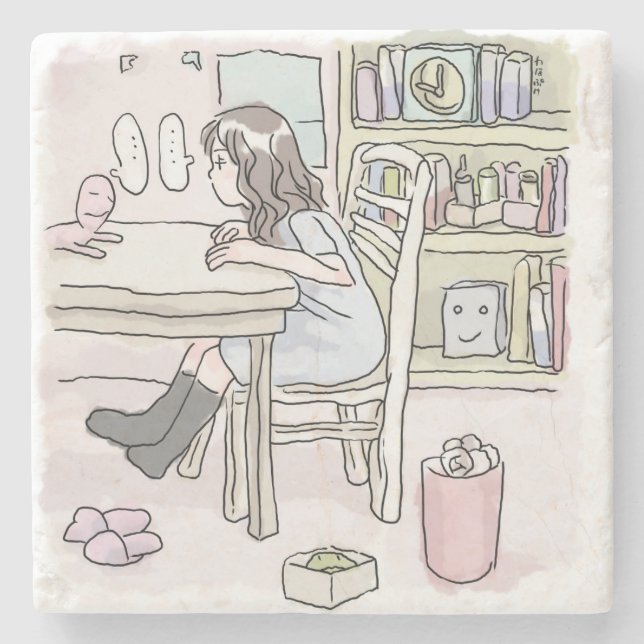 sit down at a desk in a small room stone coaster (Front)