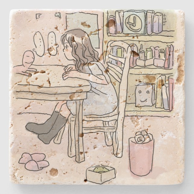 sit down at a desk in a small room stone coaster (Front)