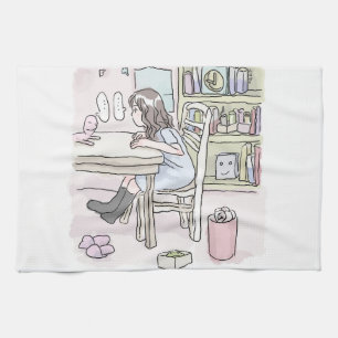 sit down at a desk in a small room tea towel