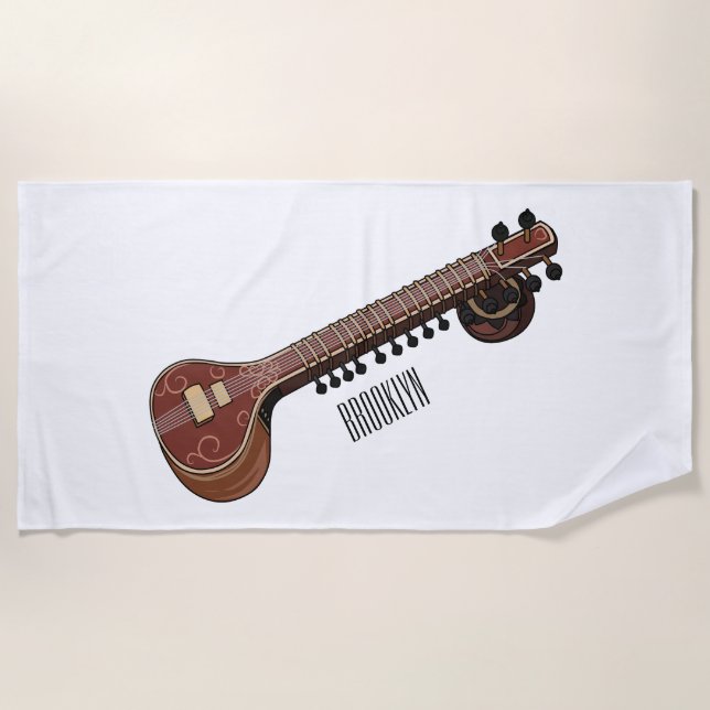 Sitar cartoon illustration beach towel (Front)