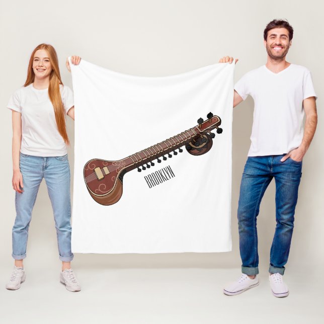 Sitar cartoon illustration fleece blanket (In Situ)