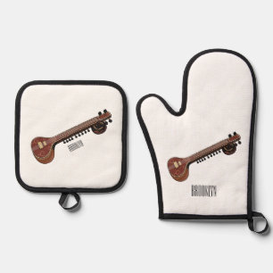 Sitar cartoon illustration oven mitt & pot holder set