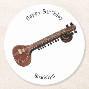 Sitar cartoon illustration round paper coaster
