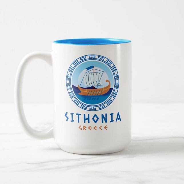 Sithonia, Greece Greek Ship Design Two-Tone Coffee Mug (Left)