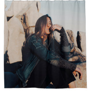 Sitting and smiling woman wearing black pants shower curtain