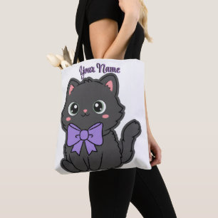 Sitting Black Cat Purple Bow Cute Kawaii Custom To Tote Bag