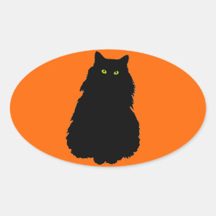 Sitting Black Cat Silhouette on Orange Oval Sticker
