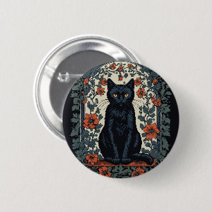 Sitting Black Cat Vintage Floral 6 Cm Round Badge