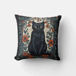 Sitting Black Cat Vintage Floral Cushion