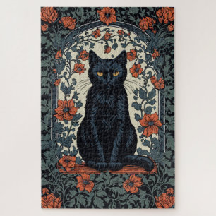 Sitting Black Cat Vintage Floral Jigsaw Puzzle