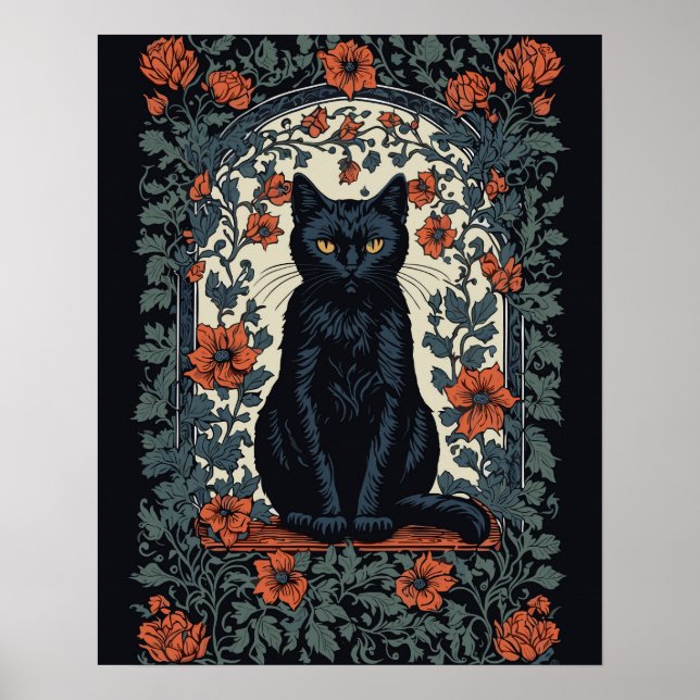 Sitting Black Cat Vintage Floral Poster (Front)