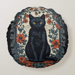 Sitting Black Cat Vintage Floral Round Cushion