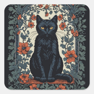 Sitting Black Cat Vintage Floral Square Sticker