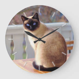 Sitting Blue Eyed Siamese Cat Themed Large Clock
