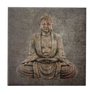 Sitting Buddha On Distressed Metal Background Ceramic Tile