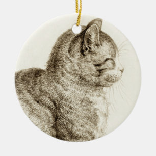 Sitting cat black and white pencil drawing ceramic ornament