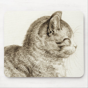 Sitting cat black and white pencil drawing mouse pad