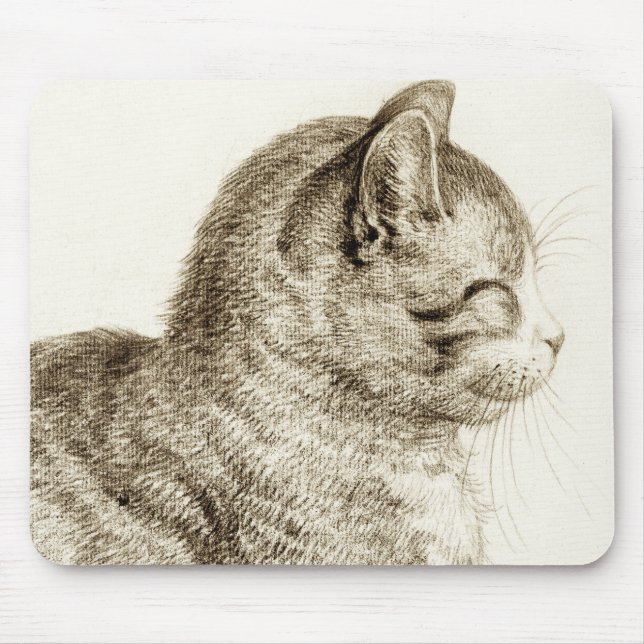 Sitting cat black and white pencil drawing mouse pad (Front)