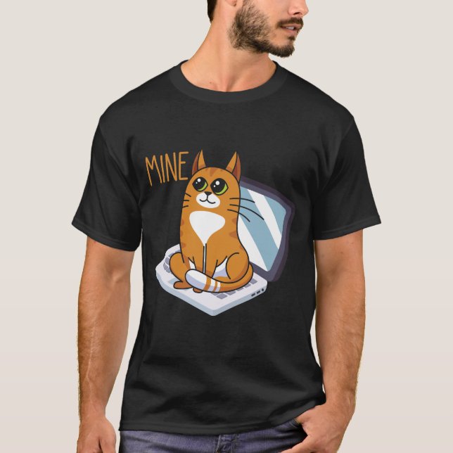 Sitting Cat on Computer Funny Home Office Kitty T-Shirt (Front)