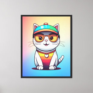 Sitting Cat Wearing Glasses And Hat Canvas Print