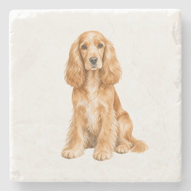 Sitting Cocker Spaniel Natural Stone Coaster (Front)