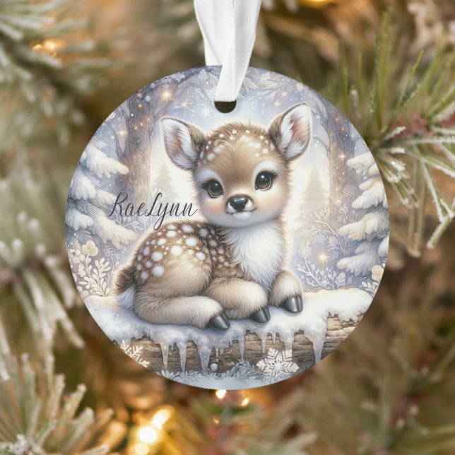 Sitting Fawn in Snowflake Forest Ornament (Tree)