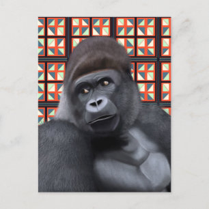 Sitting Gorilla on Red and Blue Geometric Wildlife Postcard