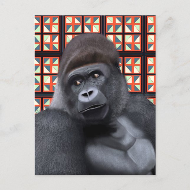 Sitting Gorilla on Red and Blue Geometric Wildlife Postcard (Front)