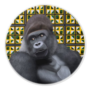 Sitting Gorilla Yellow Green Geometric Wildlife Ceramic Knob