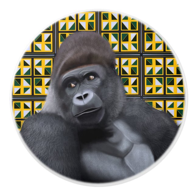 Sitting Gorilla Yellow Green Geometric Wildlife Ceramic Knob (Front)