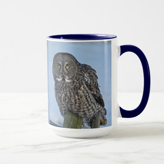 Sitting Great Grey Owl and Snow Wildlife Raptor Mug (Right)