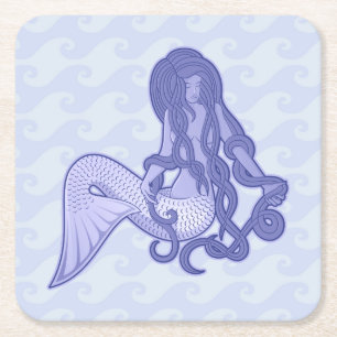 Sitting Mermaid Blue Square Paper Coaster