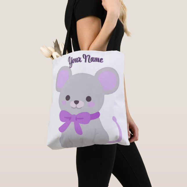 Sitting Mouse Purple Bow Cute Kawaii Custom Tote Bag (Close Up)