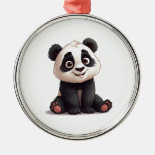 Sitting Panda Bear Cartoon Illustration Artwork Metal Ornament