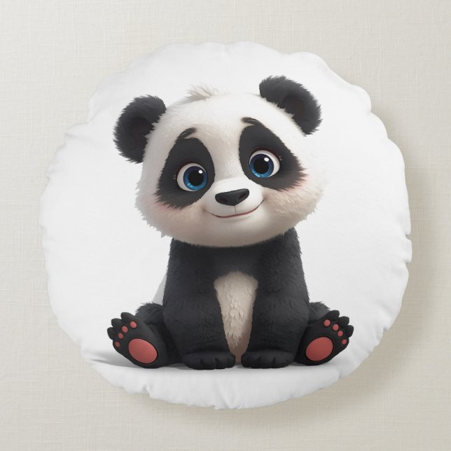 Sitting Panda Bear Cartoon Illustration Artwork Round Cushion (Front)
