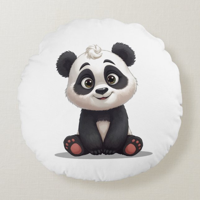 Sitting Panda Bear Cartoon Illustration Artwork Round Cushion (Front)