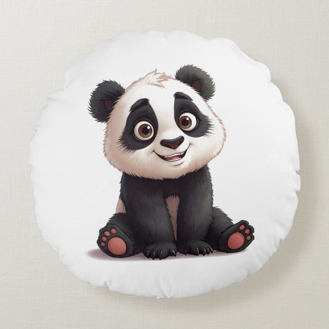 Sitting Panda Bear Cartoon Illustration Artwork Round Cushion (Front)