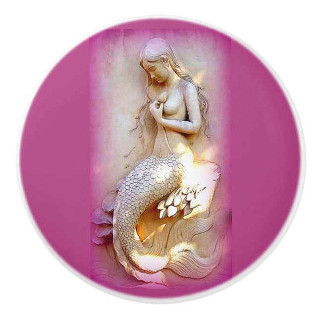 sitting stone mermaid pink ceramic knob (Front)
