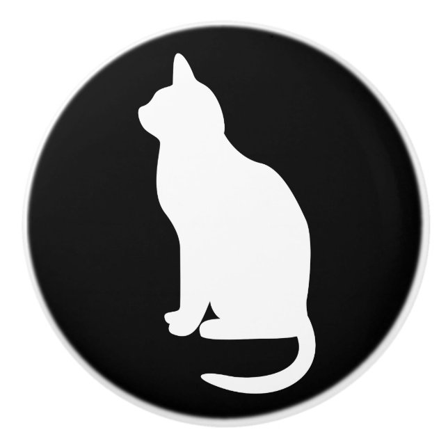 Sitting White Cat Facing Left Ceramic Knob (Front)