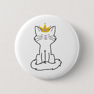 Sitting White Cat with Gold Crown 6 Cm Round Badge