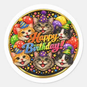 Six Cats Wishing You a Happy Birthday with Joy Classic Round Sticker