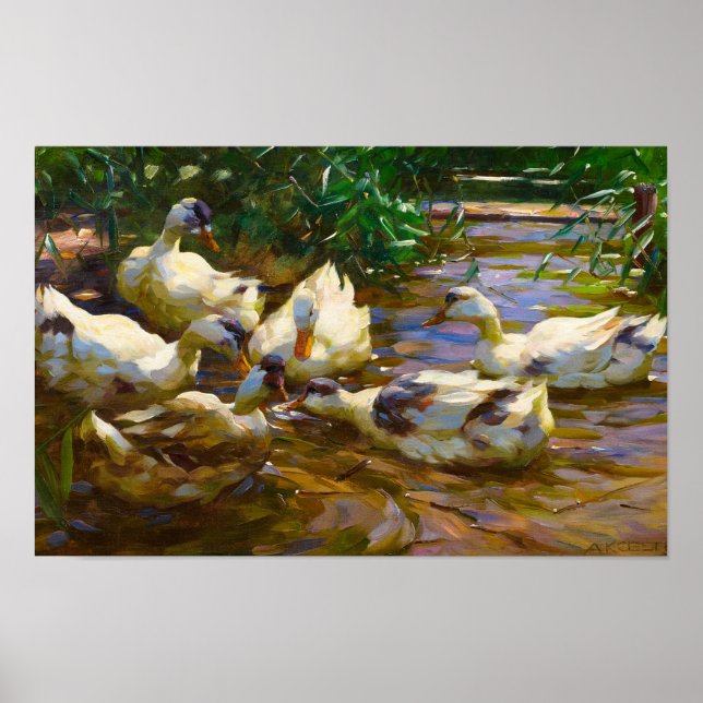 Six Ducks in Blue Reed Water by Alexander Koester Poster (Front)
