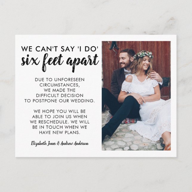 Six Feet Apart Change Plan Photo Wedding Postponed Announcement Postcard (Front)