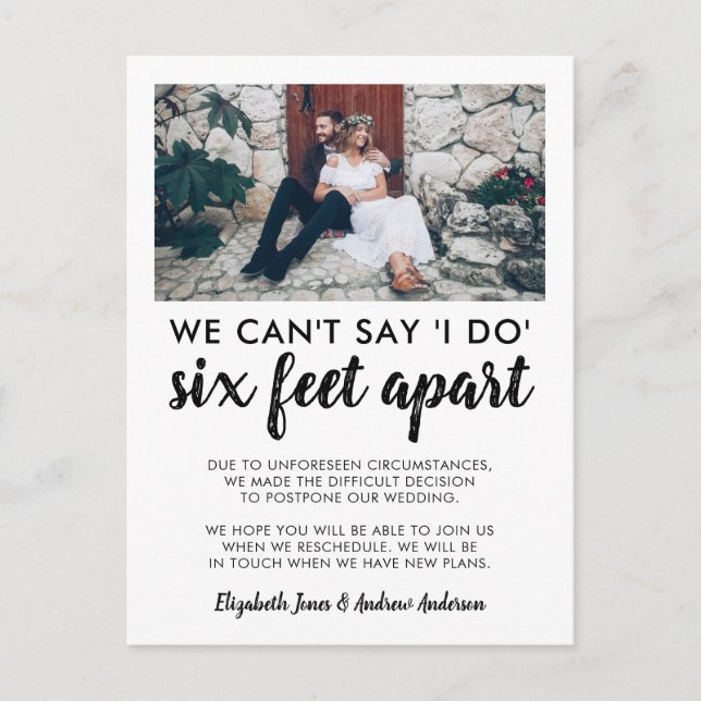 Six Feet Apart Postponed Change Date Photo Wedding Announcement Postcard (Front)